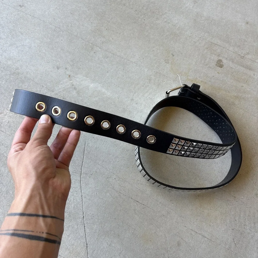 Vintage Y2K 3 Row Silver Pyramid Studded Belt Black Leather Punk Emo Goth Mall